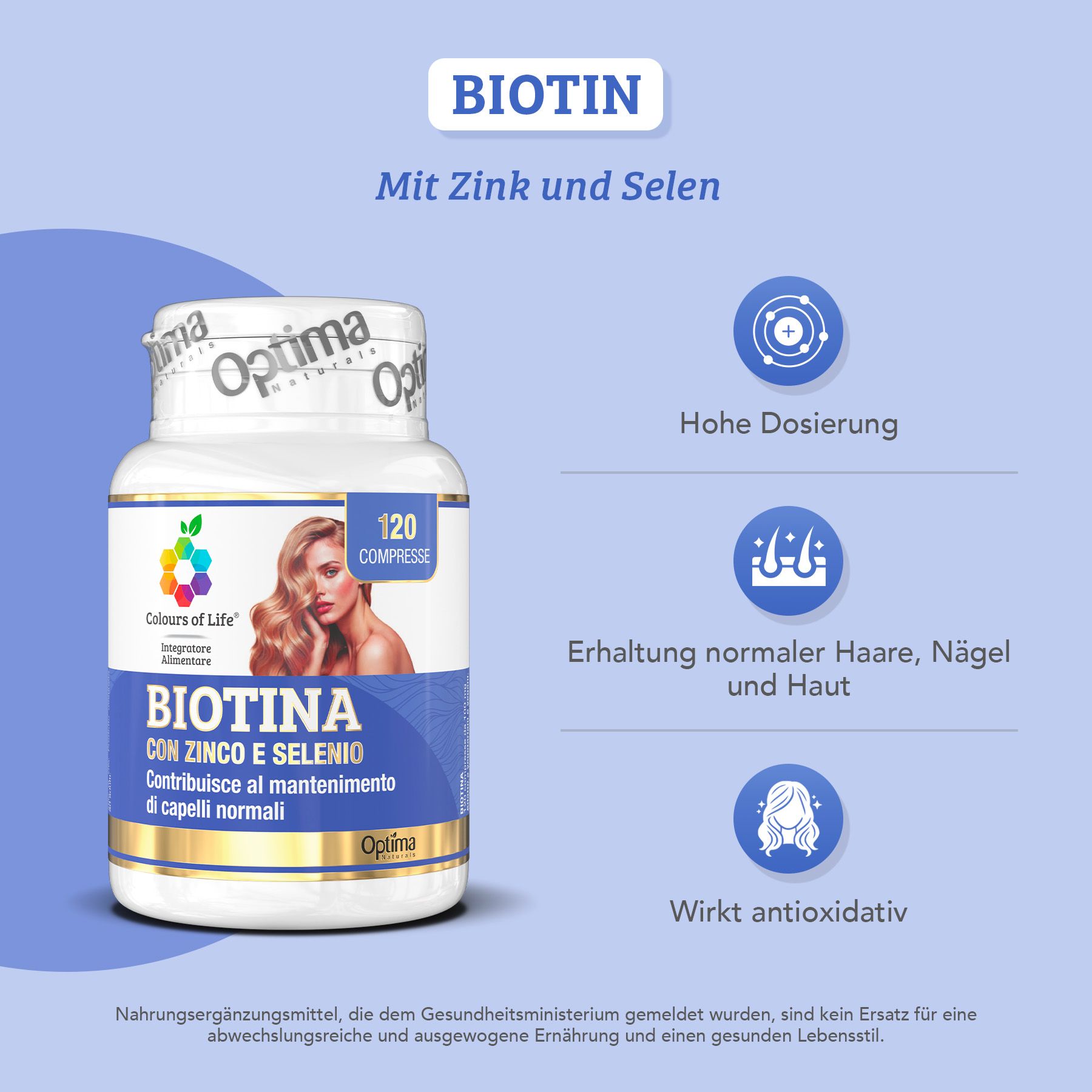Biotina con zinco e selenio: alto dosaggio, mantenimento di capelli, unghie e pelle normali.