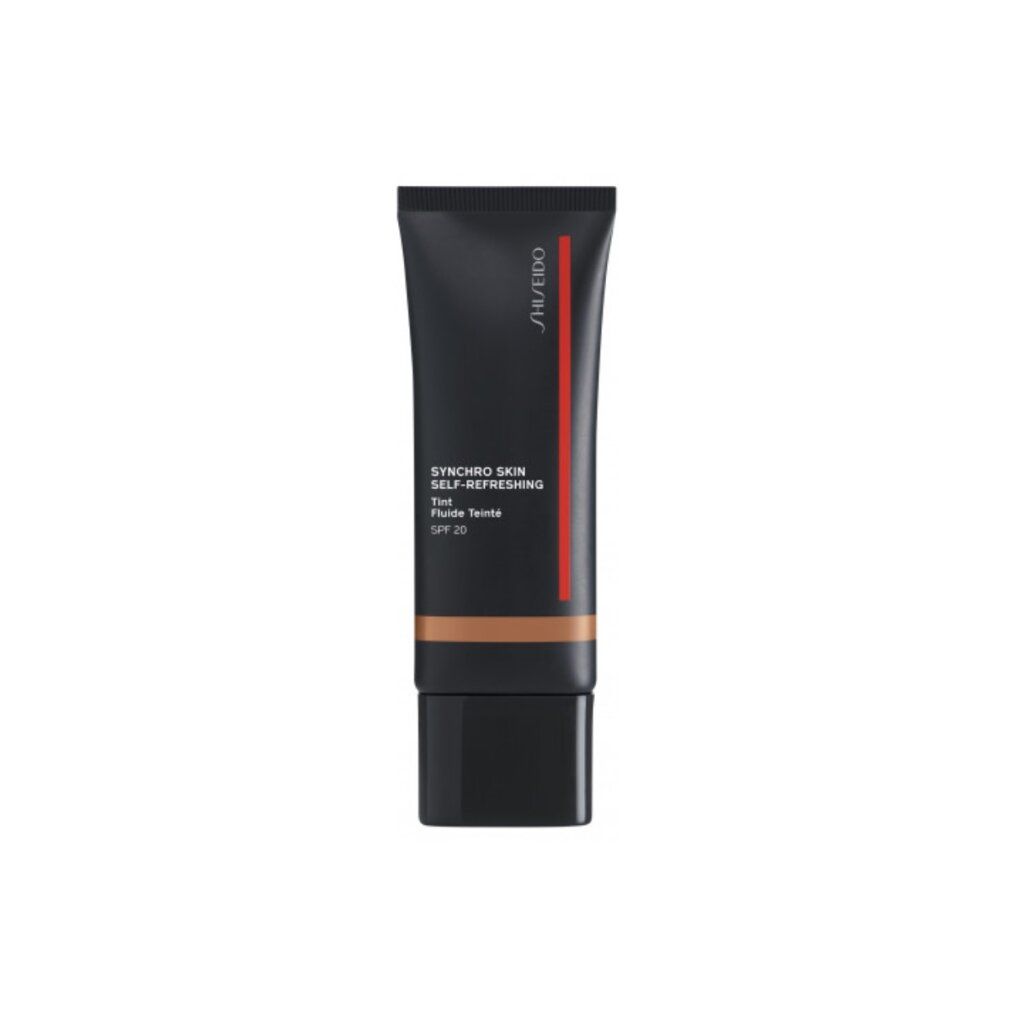 Tubo nero con scritta: Shiseido, Synchro Skin Self-Refreshing Tint, SPF 20. Tonalità marrone visibile.