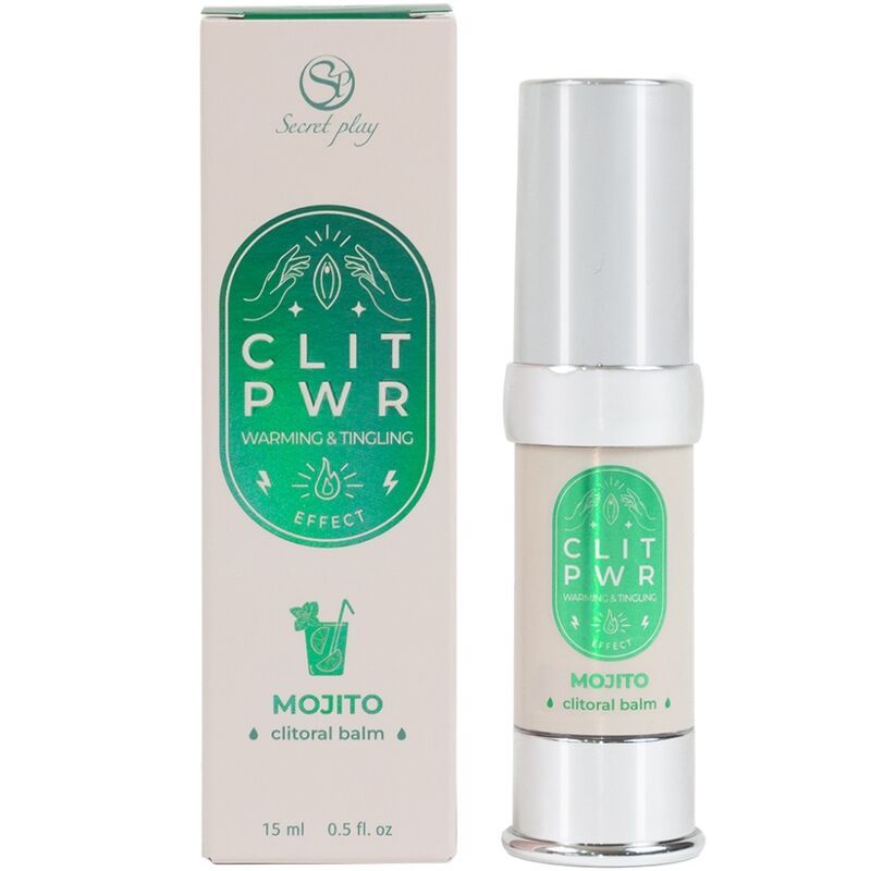 Flacone da 15ml Secret Play CLIT PWR Mojito balsamo clitorideo e la sua confezione fianco a fianco.