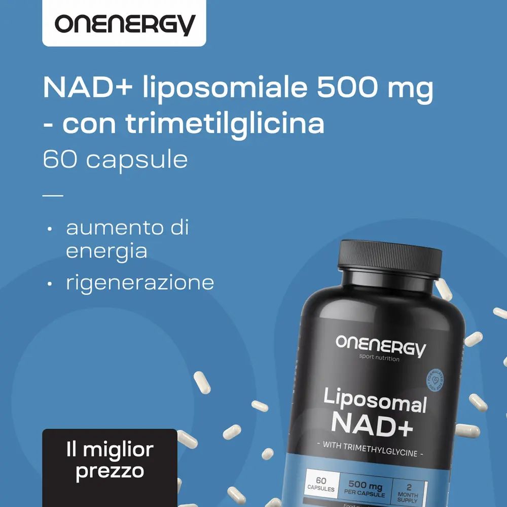 Flacone di NAD+ liposomiale e capsule. Testo: NAD+ liposomiale 500 mg con trimetilglicina, 60 capsule.