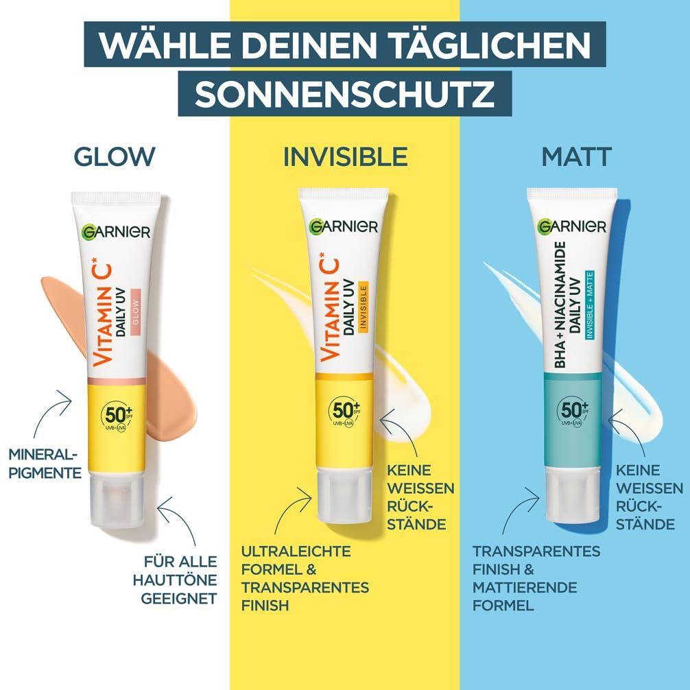 Garnier Daily UV. Tre tubi: Glow, Invisible, Matt. Testo: Vitamina C, BHA + Niacinamide, 50+ SPF.