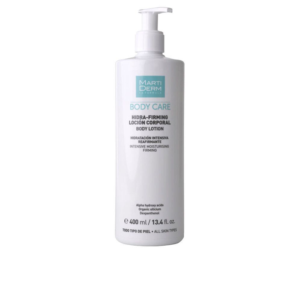 Flacone bianco con dosatore. Scritta: Marti Derm Body Care, Hidra-Firming, Lozione corpo. 400 ml.