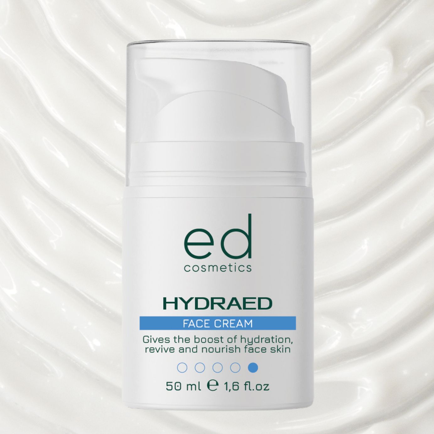 Flacone di crema bianco con dosatore a pompa. Scritta: ed cosmetics, HYDRAED FACE CREAM. Sfondo: texture crema.