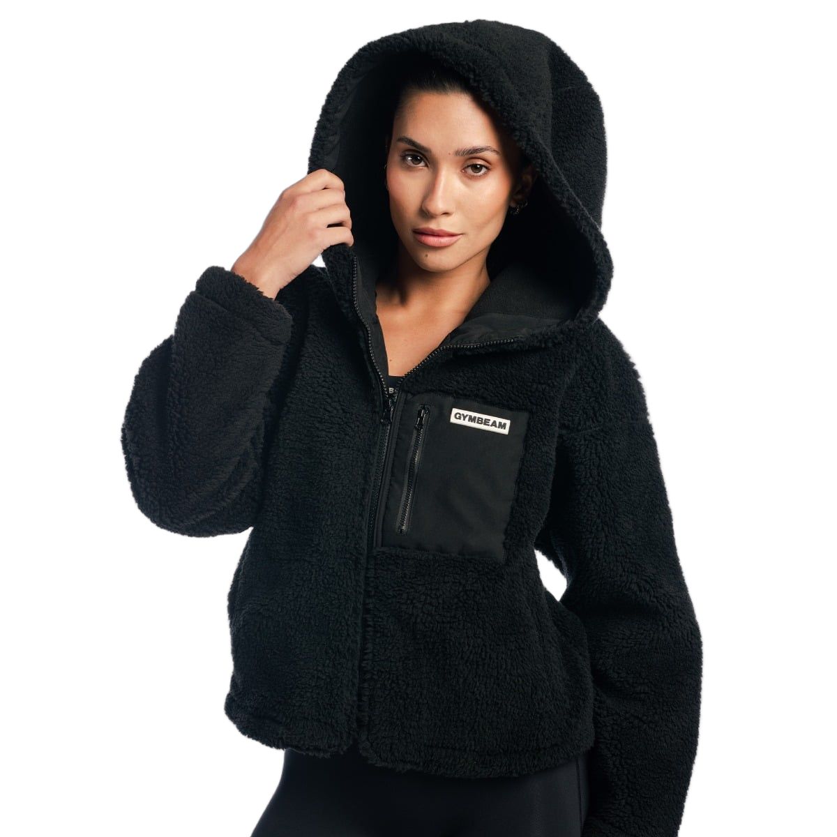 GymBeam Giacca Sherpa donna oversize con cappuccio Black