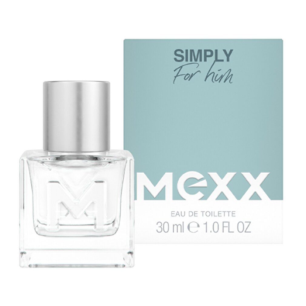 Flacone in vetro e confezione. Sulla confezione 'MEXX SIMPLY FOR HIM'. 30 ml.