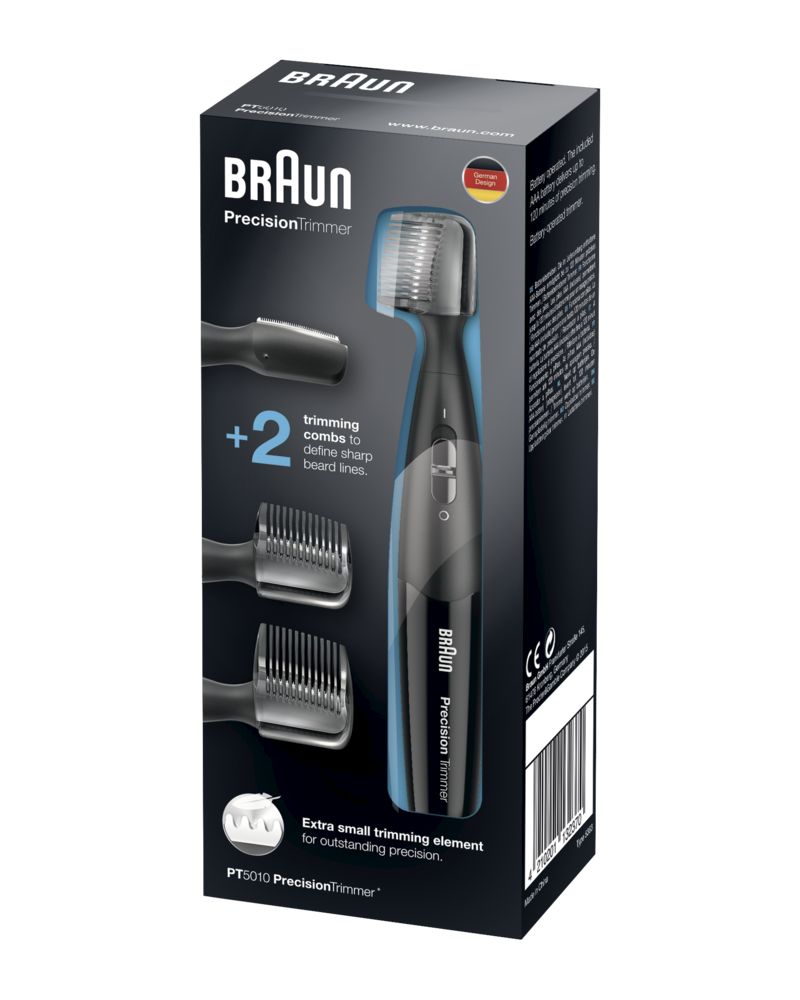 Confezione del trimmer di precisione Braun PT5010. Contiene trimmer e accessori. Testo: "Braun Precision Trimmer".