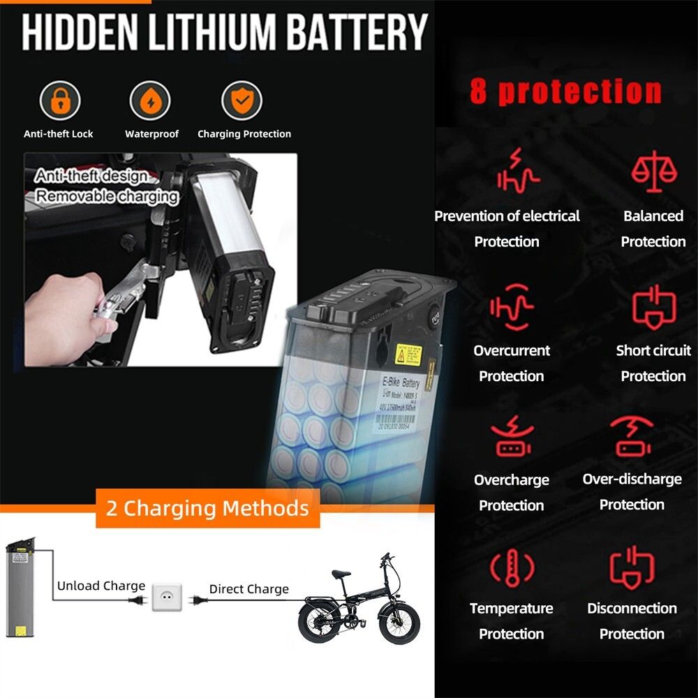 Grafica con informazioni sulla batteria e sulla ricarica. Antifurto, impermeabile, protezione di ricarica. 2 metodi di ricarica.