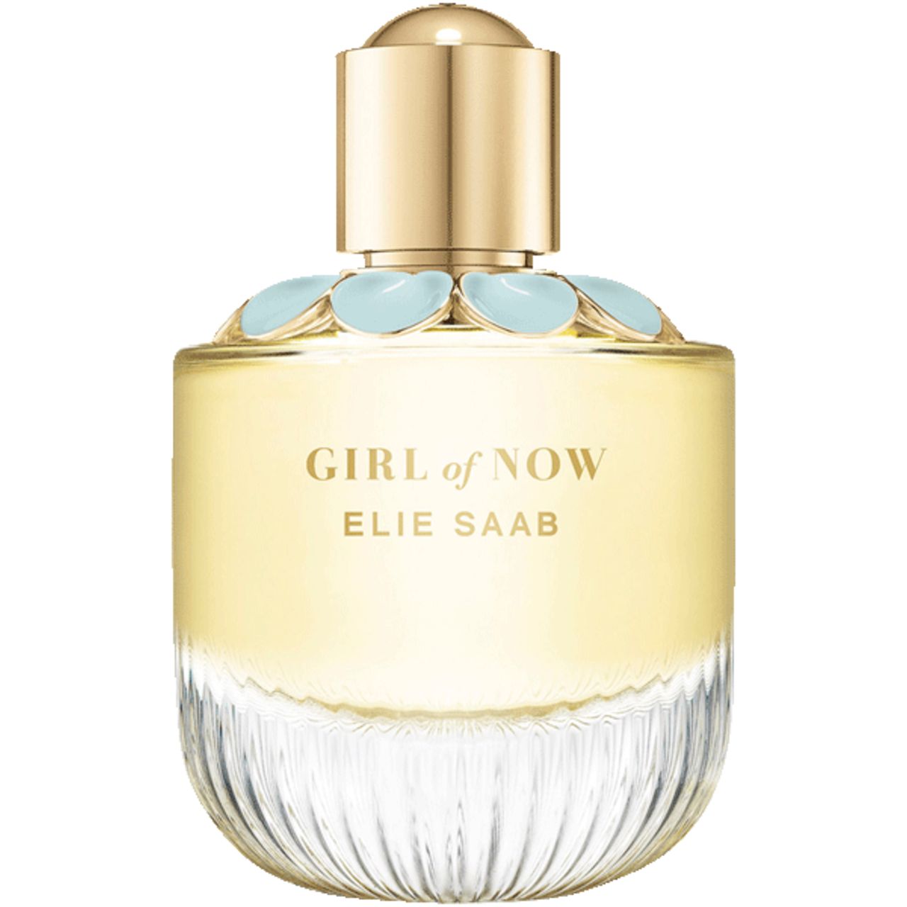 Elie Saab Girl of Now EdP Nat. Spray. Flacone in vetro con tappo dorato e fiori azzurri. Scritta Girl of Now.