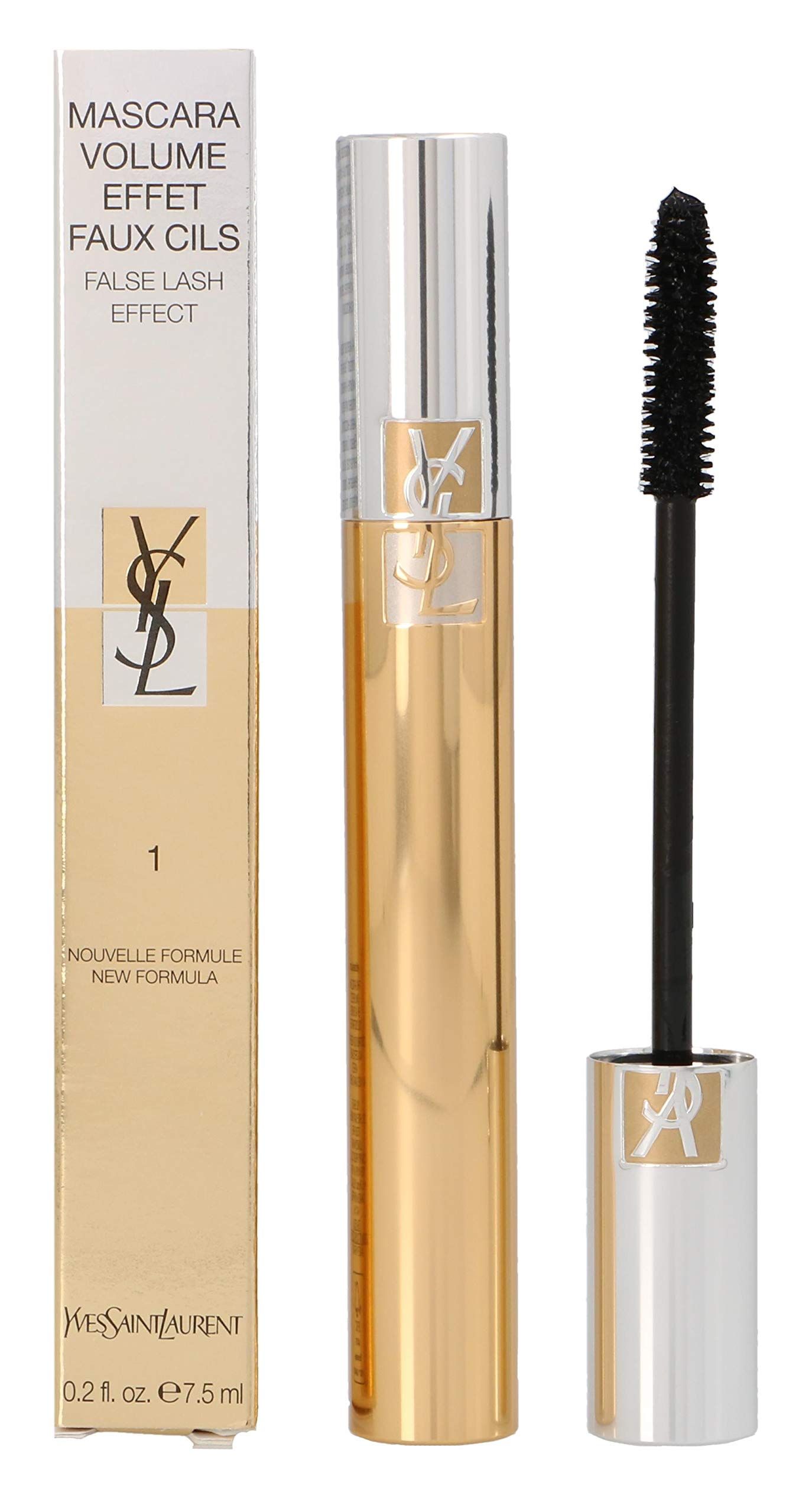 Mascara dorato, argento, spazzola nera. Scatola con nome e logo YSL. 0.2 fl. oz. e7.5 ml.