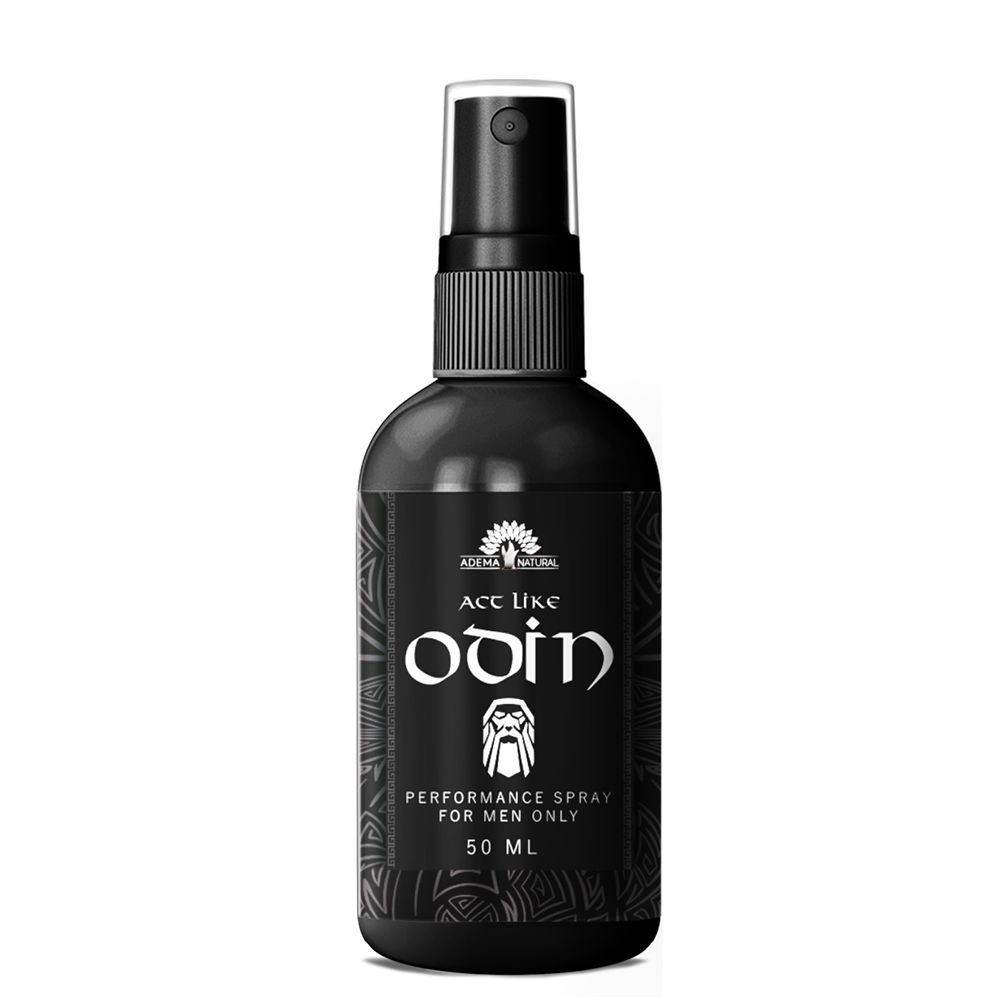 Flacone nero con vaporizzatore. Scritta "Ace Like Odin Performance Spray for Men Only". 50 ml.