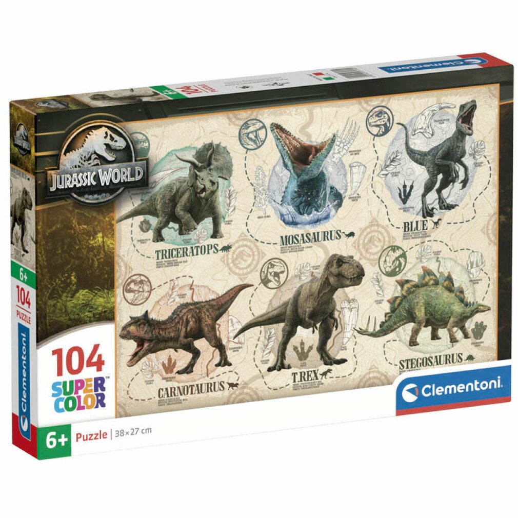 Clementoni Puzzle Jurassic World, 104 pezzi. Confezione con motivo puzzle. Logo e informazioni sul prodotto.