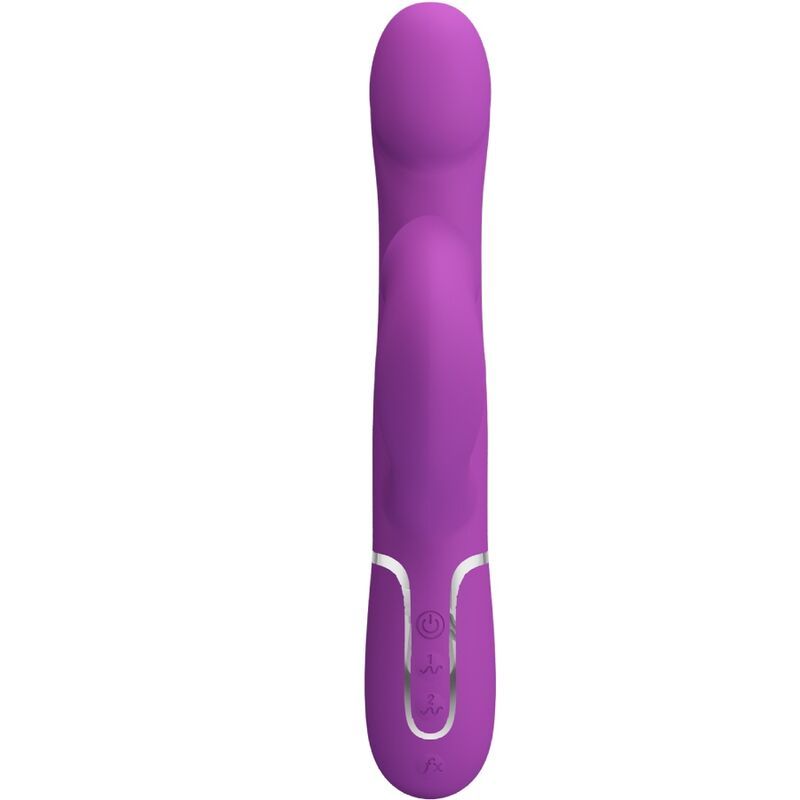 Vibratore coniglio viola con pannello comandi e pulsanti argentati.