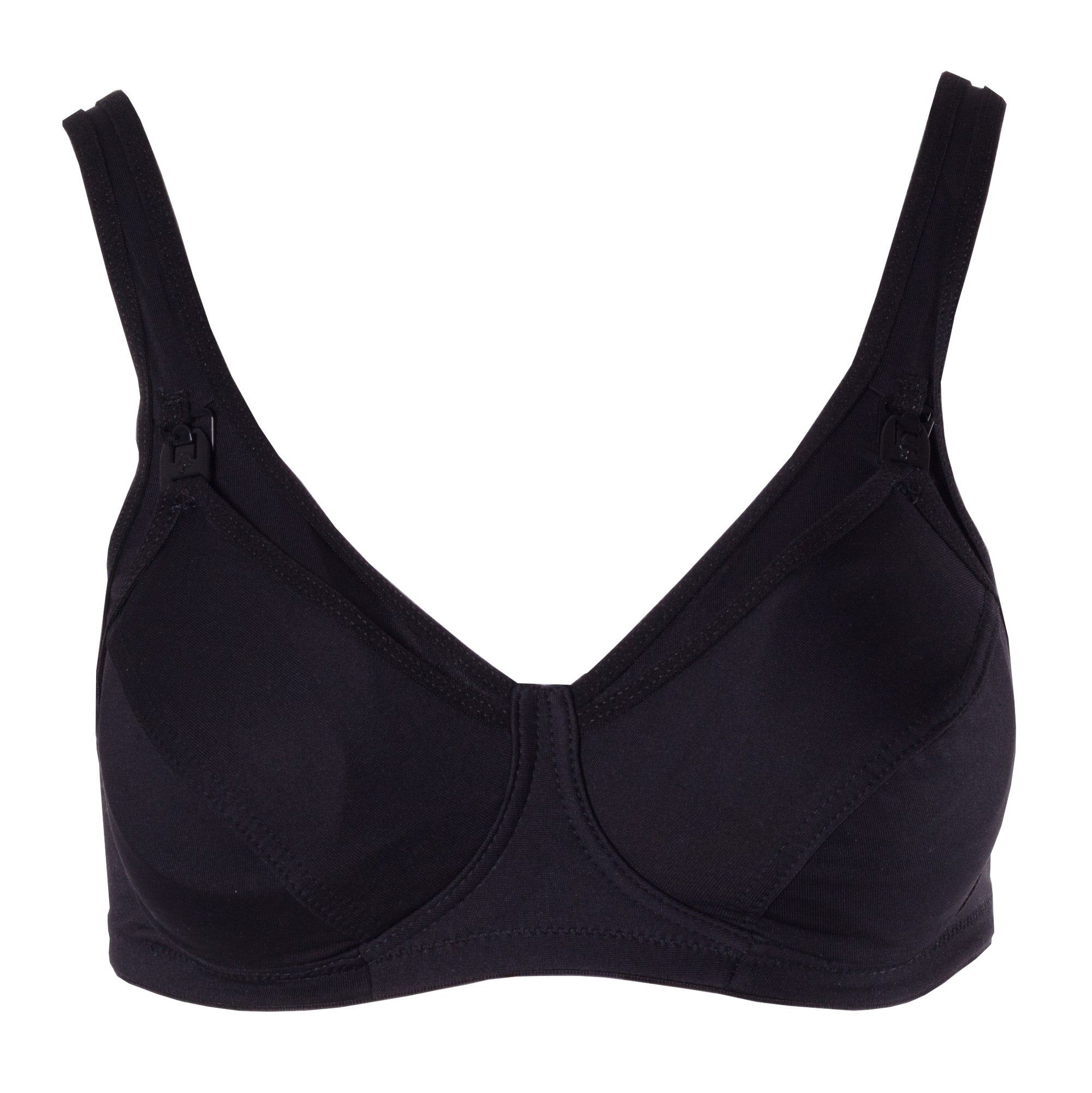 Reggiseno nero con spalline larghe e coppe. Reggiseno allattamento in fibra cava. Cucitura diagonale.