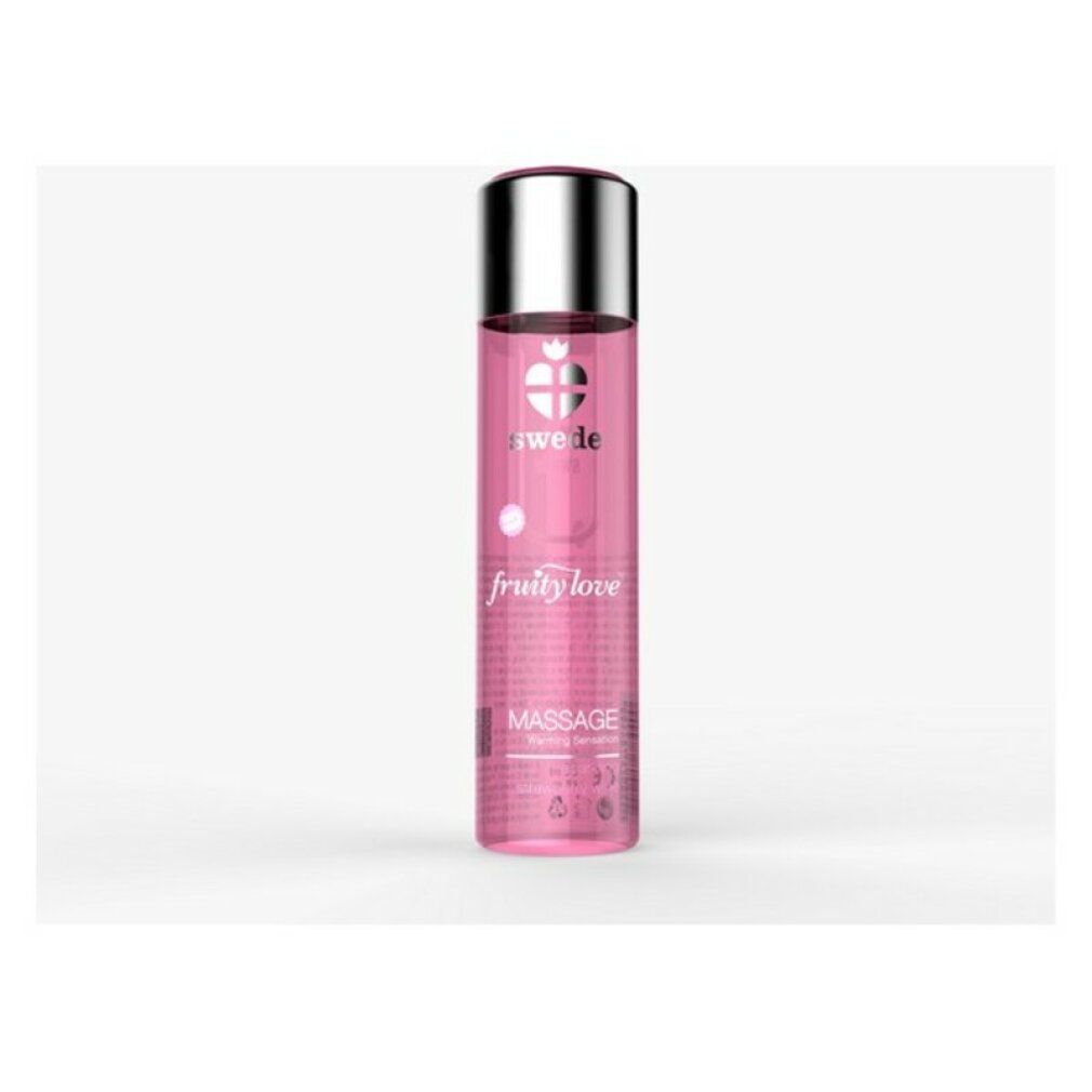 Flacone rosa con tappo argentato. Scritte: Swede, Fruity Love, Massage.
