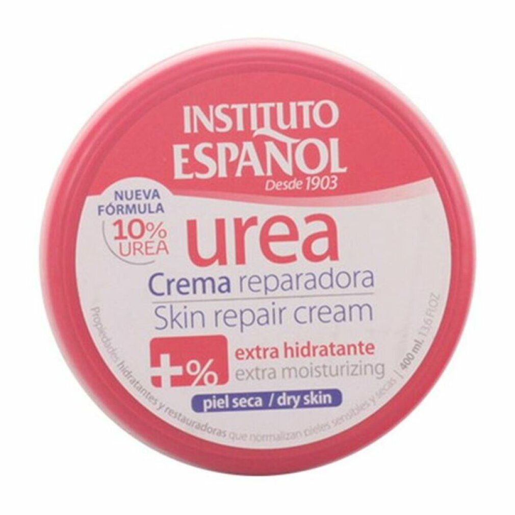 Barattolo rotondo con coperchio rosa. Scritta: Instituto Español, Urea, Crema riparatrice, Skin repair cream. 10% Urea, extra idratante.