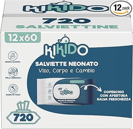 Scatola di salviettine Kikido. Scritte: 12x60, 720 salviettine. Contiene indicazioni senza alcool, pelli sensibili e Made in Italy.