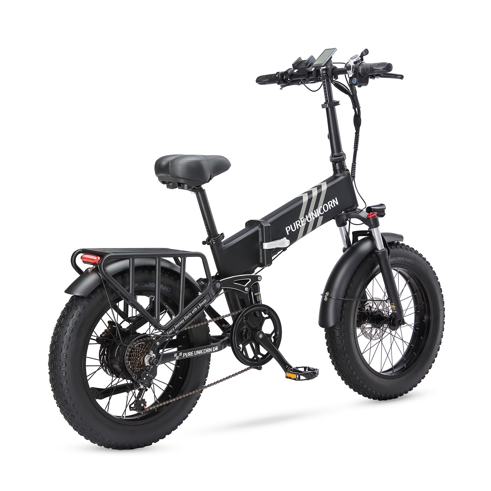 E-bike pieghevole nera, pneumatici larghi. Marchio PURE UNICORN. Portapacchi e fanale posteriore.