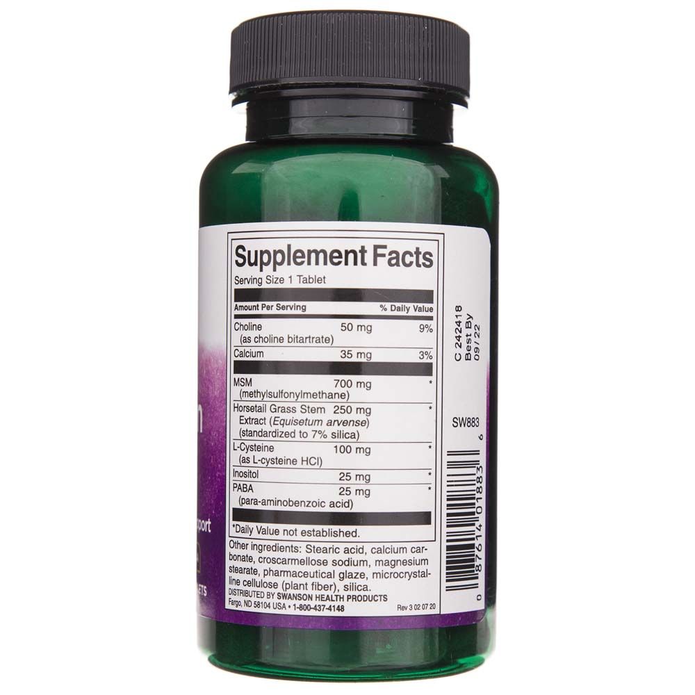 Contenitore verde per pillole con etichetta "Supplement Facts" che elenca ingredienti come colina, calcio, MSM e L-cisteina.