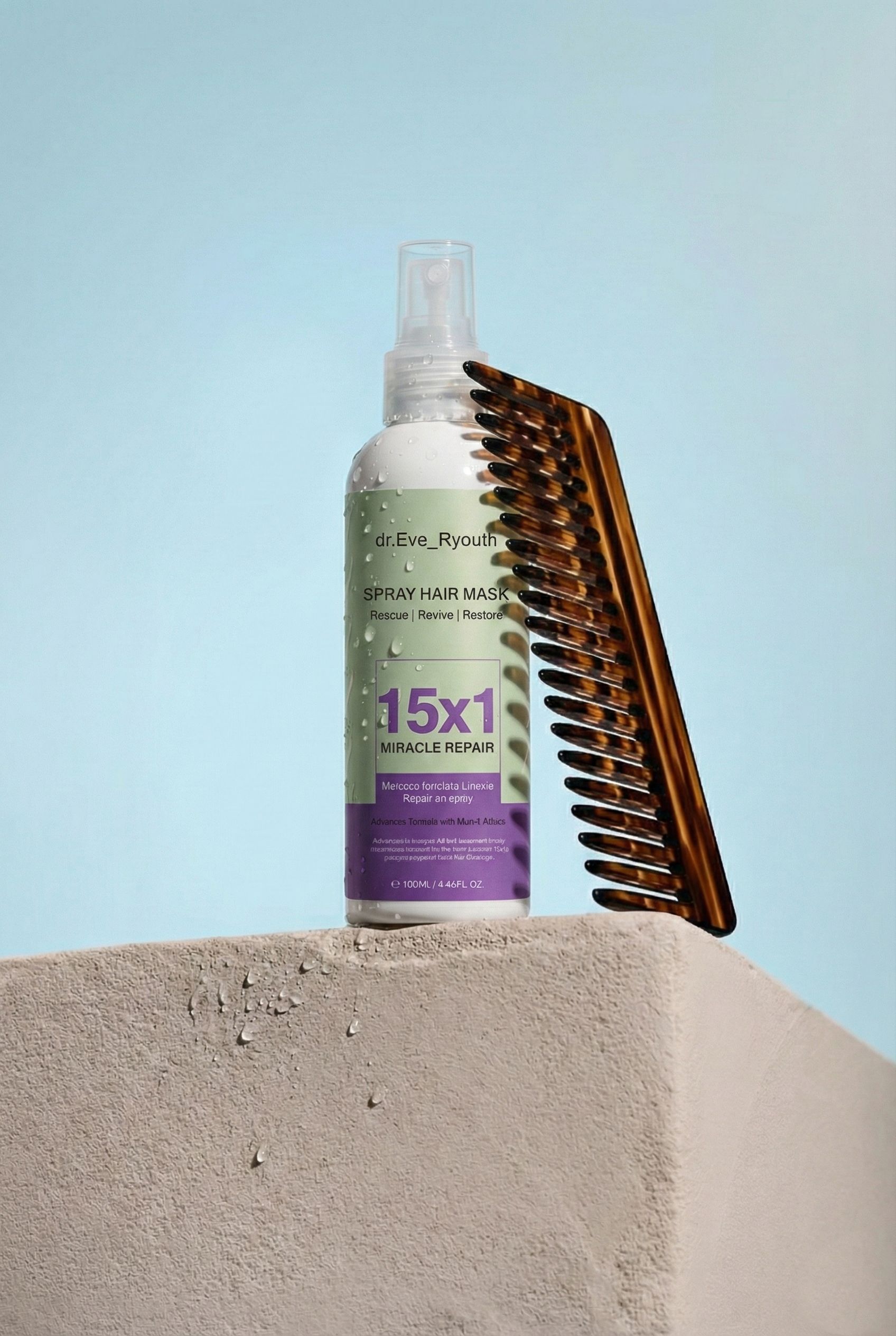 Maschera spray per capelli 15x1 Miracle Repair con pettine su una pietra.