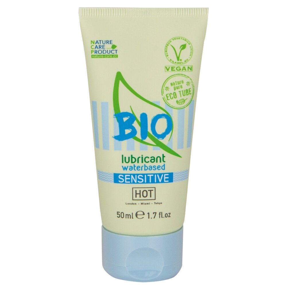 Lubrificante BIO SENSITIVE HOT, a base d'acqua, tubo da 50ml. Sigilli 'Nature Care Product' e 'Vegan'.