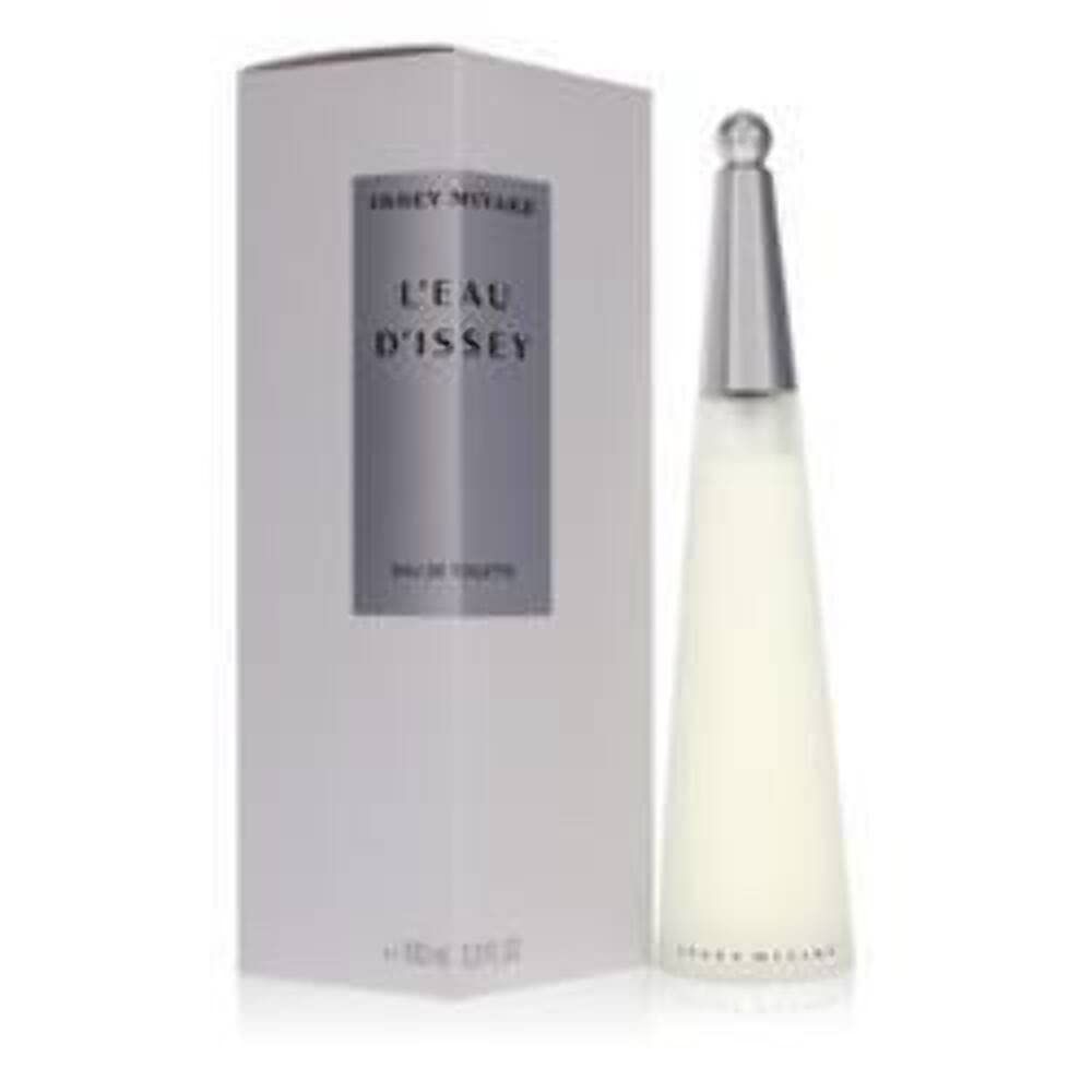 Flacone e confezione di Issey Miyake L'Eau D'Issey. Flacone bianco con tappo argentato. Confezione bianca con logo.