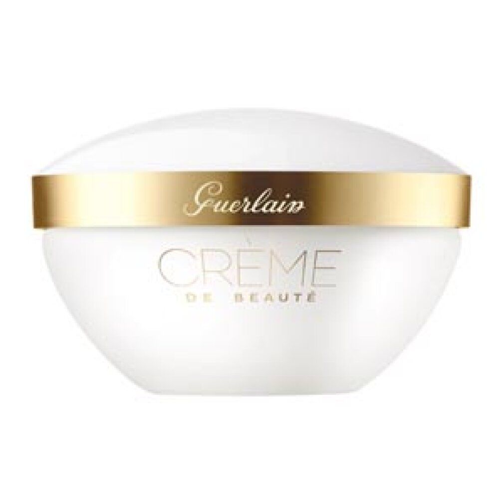 Vaso bianco con bordo dorato e scritta. Il coperchio è bombato. La scritta "Guerlain" è visibile.