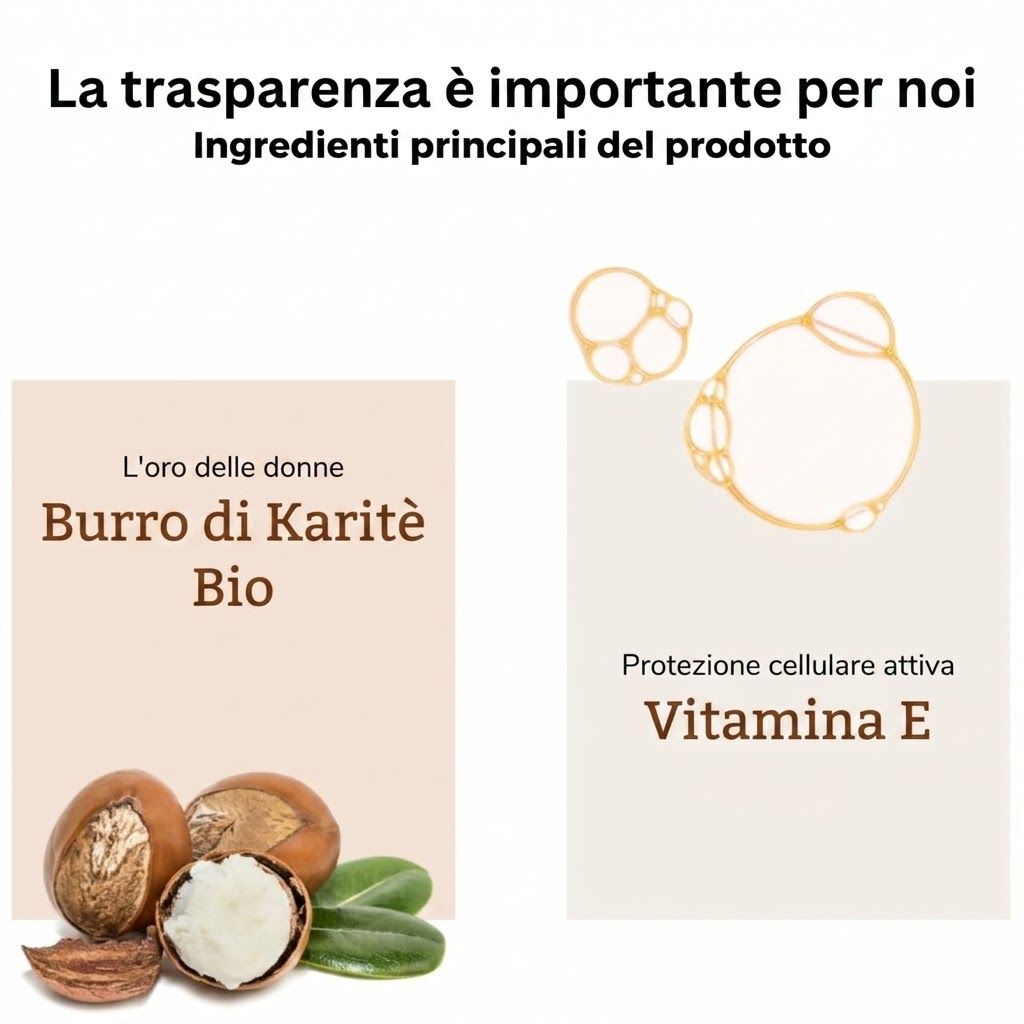 Burro di karité bio e vitamina E. Illustrazione di noci di karité e foglie. Bolle di vitamina E.