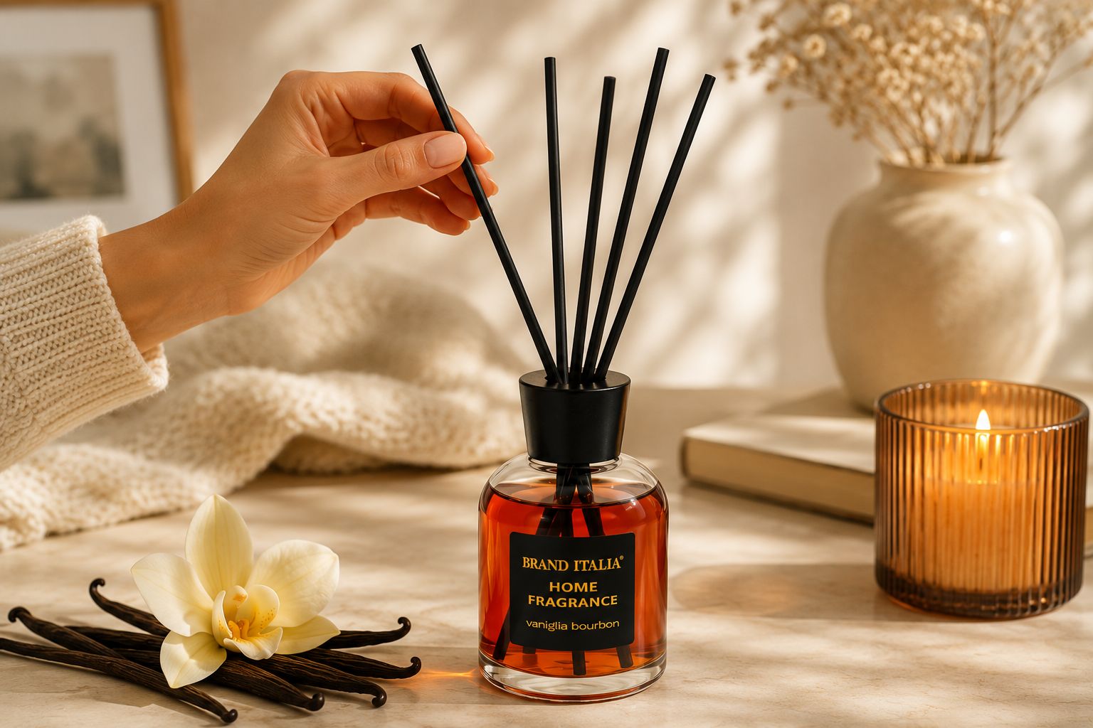 Una mano posiziona un diffusore con bastoncini, fragranza Vaniglia Bourbon.