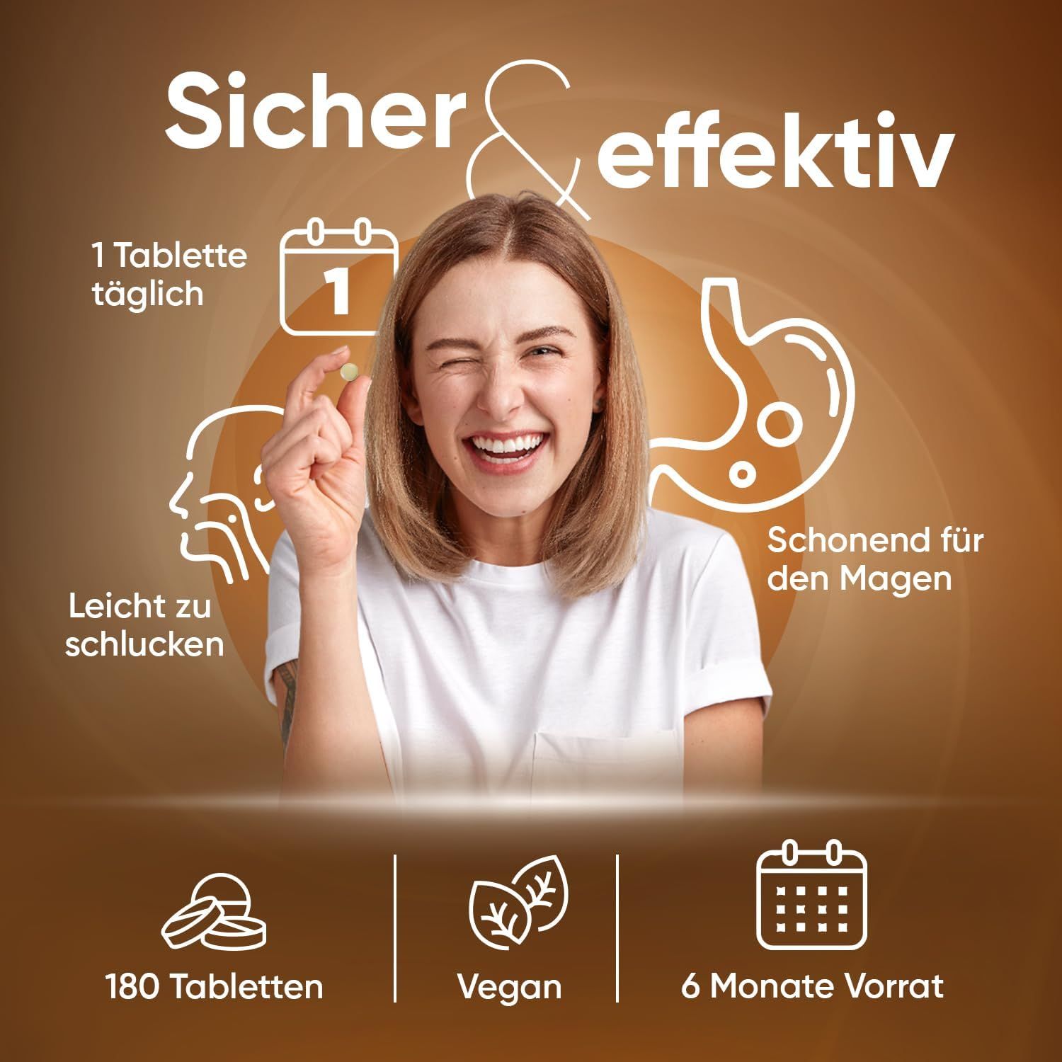 Donna sorridente. Simboli: 1 compressa al giorno, facile da deglutire, 180 compresse, vegano, fornitura 6 mesi. Sicuro ed efficace.