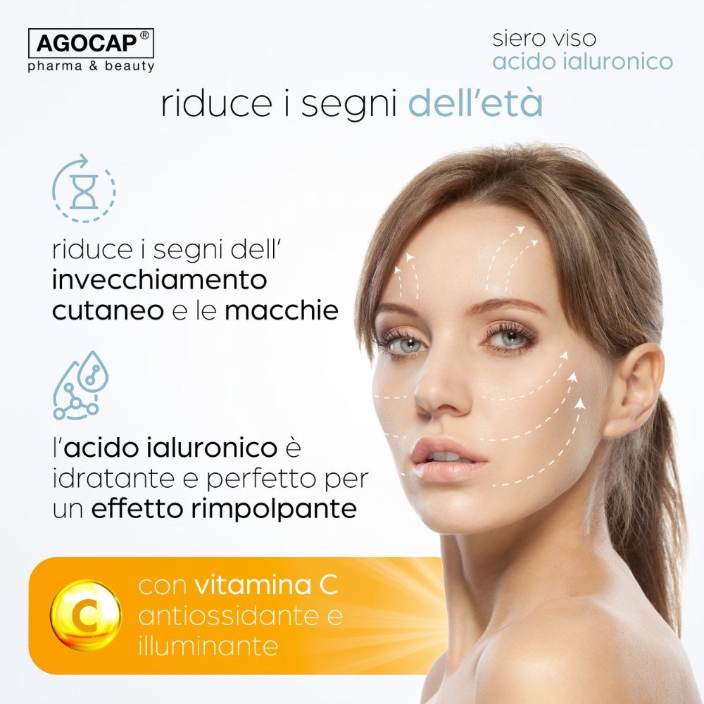 Donna con cura del viso. Testo: Riduce i segni dell'invecchiamento. Contiene acido ialuronico e vitamina C.