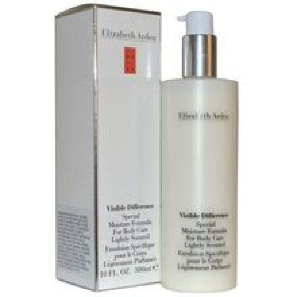 Flacone e confezione. Scritta: Elizabeth Arden, Visible Difference, Special Moisture Formula. Accento rosso.
