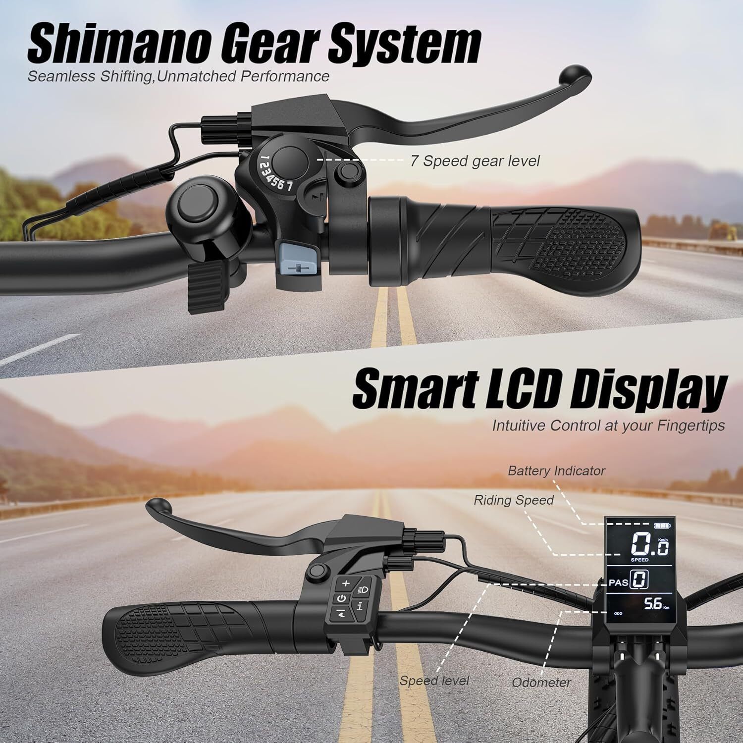 Primo piano del manubrio di una e-bike. Cambio Shimano e display LCD Smart con indicatore di velocità.