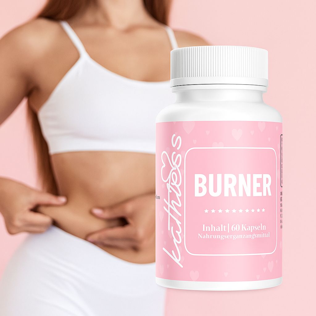 Flacone bianco con etichetta rosa. Scritta: BURNER, logo Kathless. Una donna si tiene la pelle.