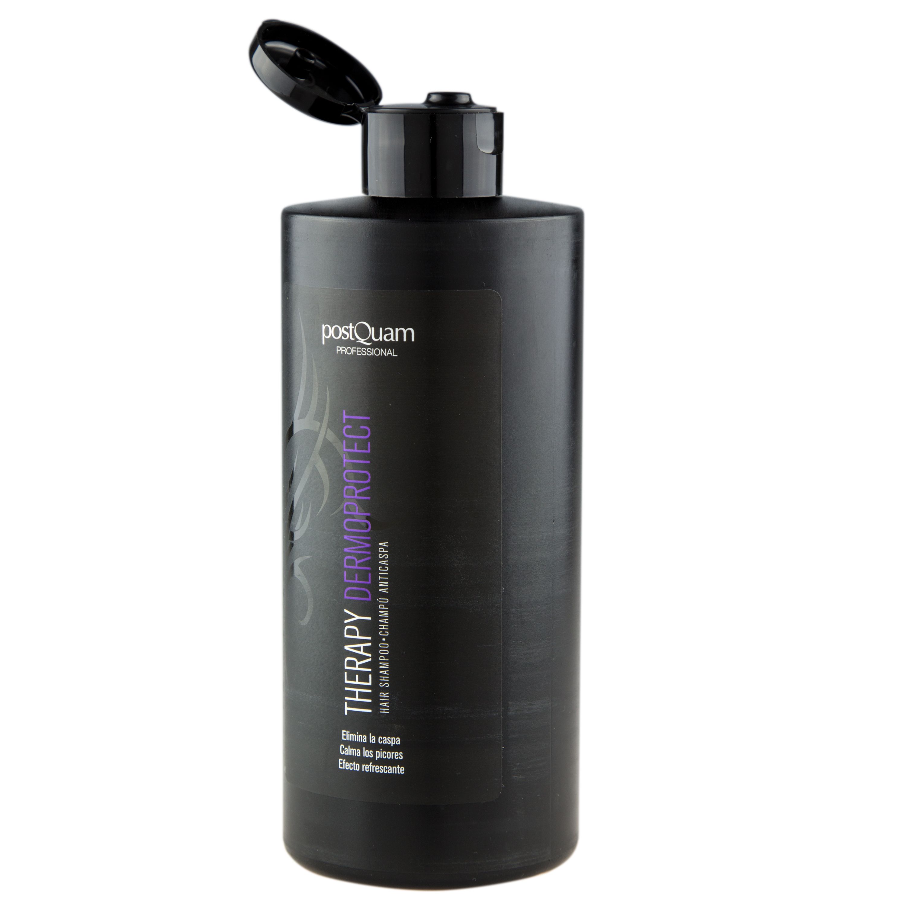 Flacone di shampoo nero con tappo aperto. Scritta: PostQuam Dermoprotect. Testo: Therapy, Hair Shampoo, Anti-forfora.