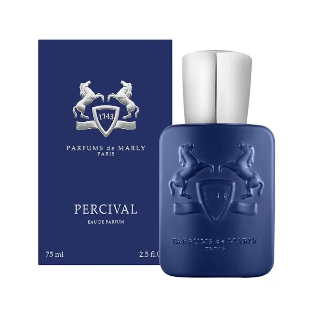 Flacone e confezione di profumo blu. Scritta 'PERCIVAL' e 'EAU DE PARFUM'. 75 ml e 2.5 fl. oz. visibili.