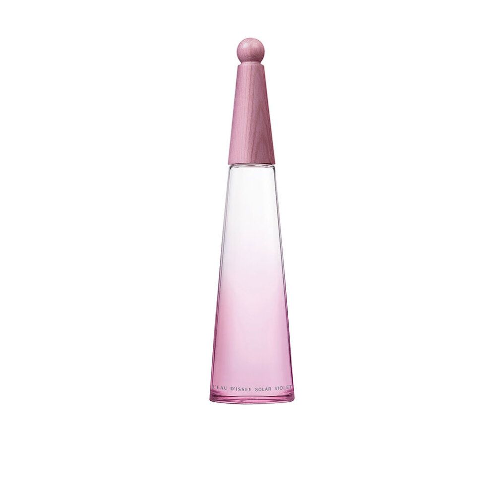Flacone Issey Miyake L'Eau d'Issey Solar Violet. Sfumatura rosa, tappo in legno. Scritta in basso.