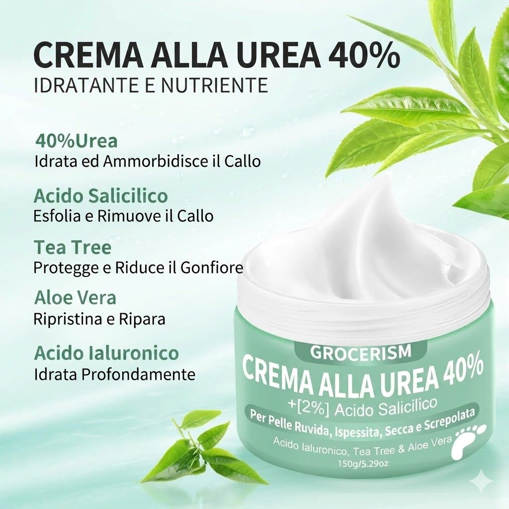 Vasetto verde con crema bianca. Scritta: Crema all'Urea 40%. Contiene acido salicilico, tea tree e aloe vera. Testo sugli ingredienti.