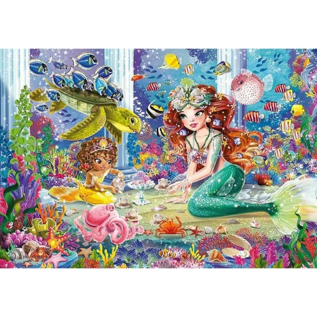 Puzzle con motivo sirene. Sirena, tartaruga e bambino in un ambiente sottomarino. Pesci colorati e creature marine.
