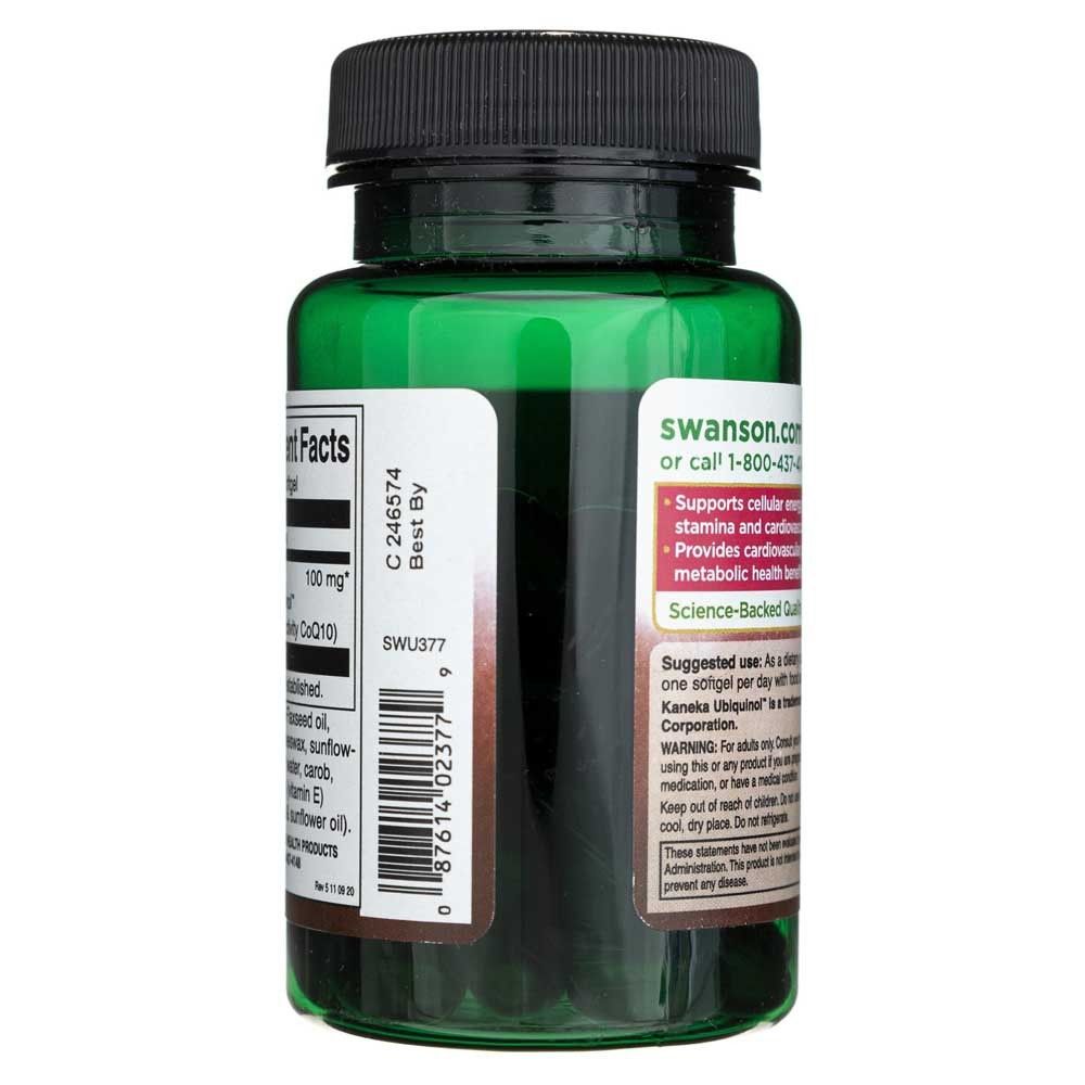 Lato di una bottiglia Swanson Ubiquinol 100 mg con informazioni sul prodotto e sito web.