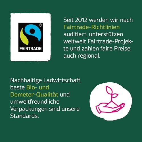 Sigillo Fairtrade e logo Naturata con testo su sostenibilità e qualità Demeter.