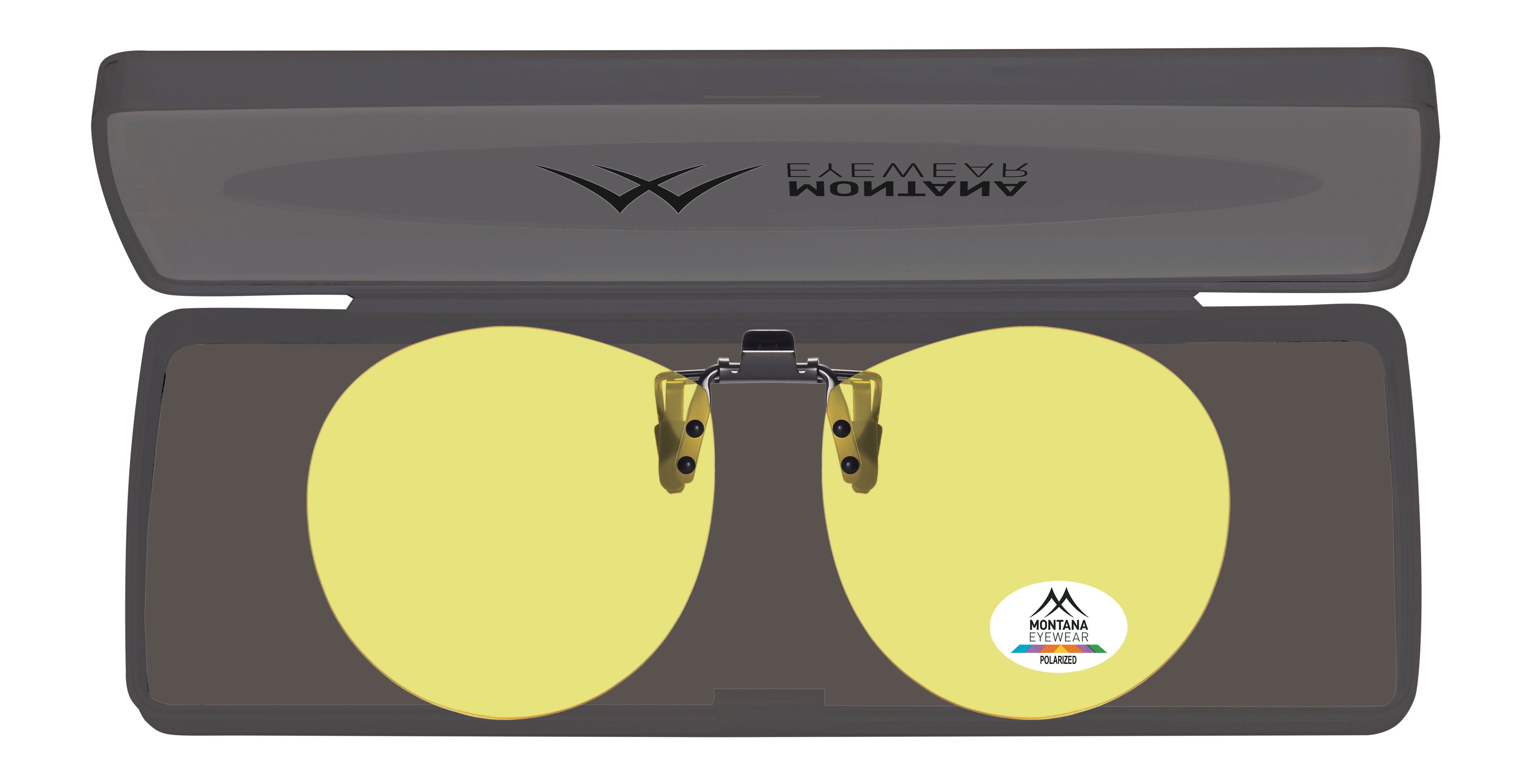 Occhiali da sole clip-on gialli in custodia grigia. Logo Montana Eyewear. Lenti polarizzate.