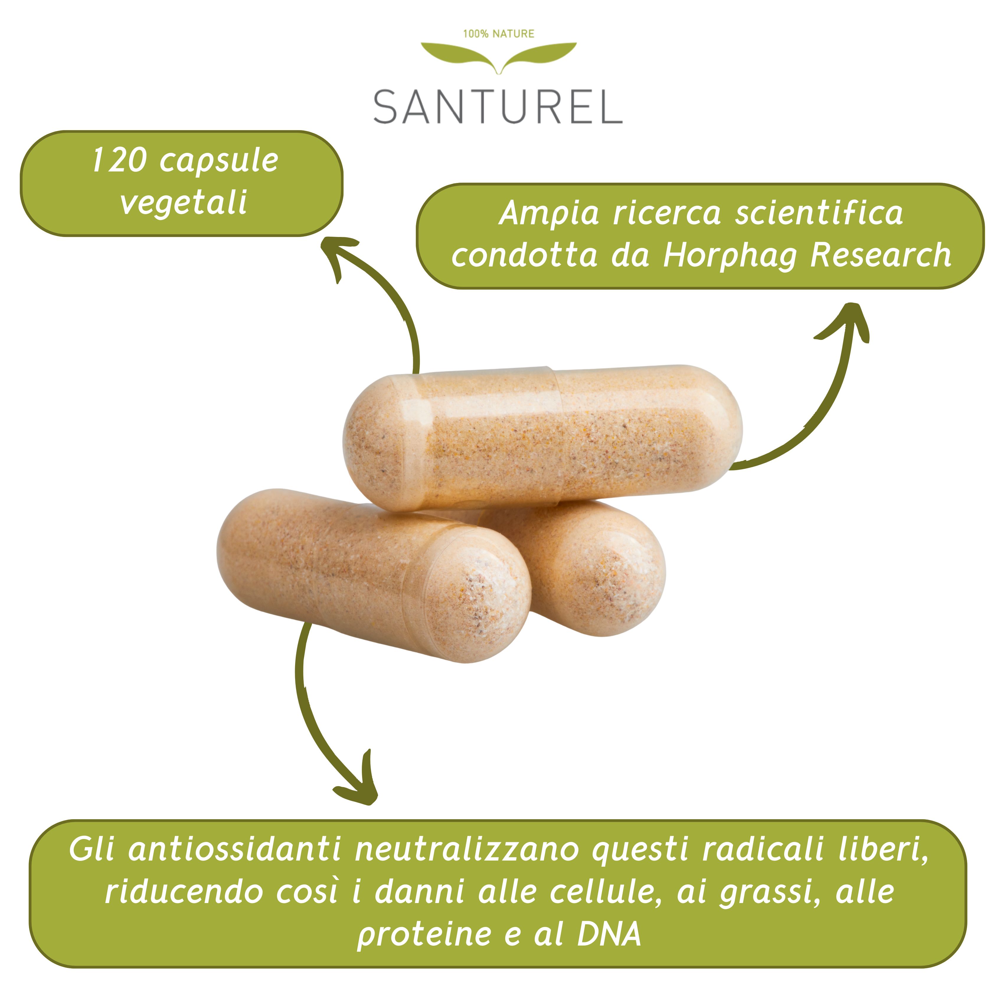 Tre capsule. 120 capsule vegetali. Gli antiossidanti neutralizzano i radicali liberi.