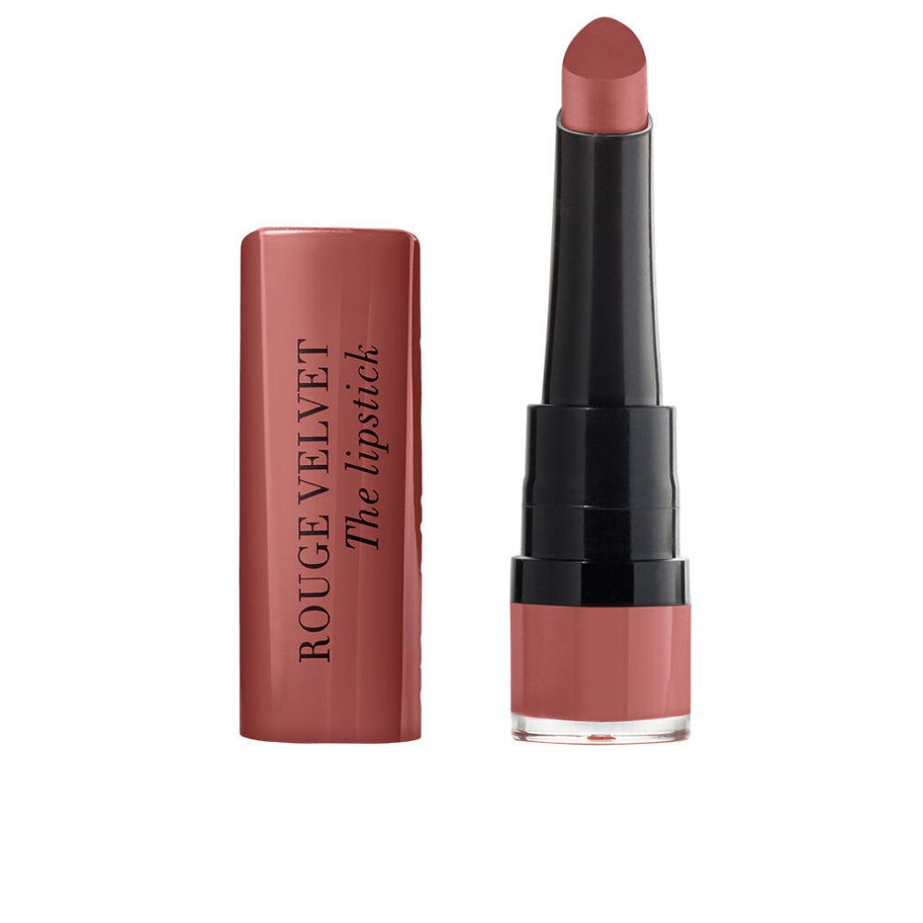 Rossetto rosa-marrone, con tubo aperto. Stick nero, punta rosa-marrone. Scritta: ROUGE VELVET The lipstick.