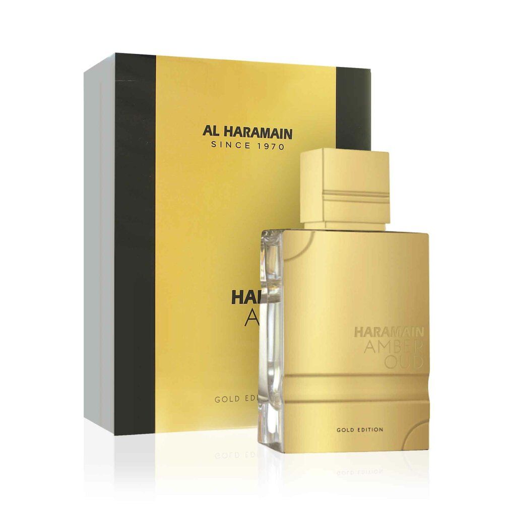 Flacone e confezione di profumo dorati. Scritta: Al Haramain, Amber Oud Gold Edition, 120 ml.