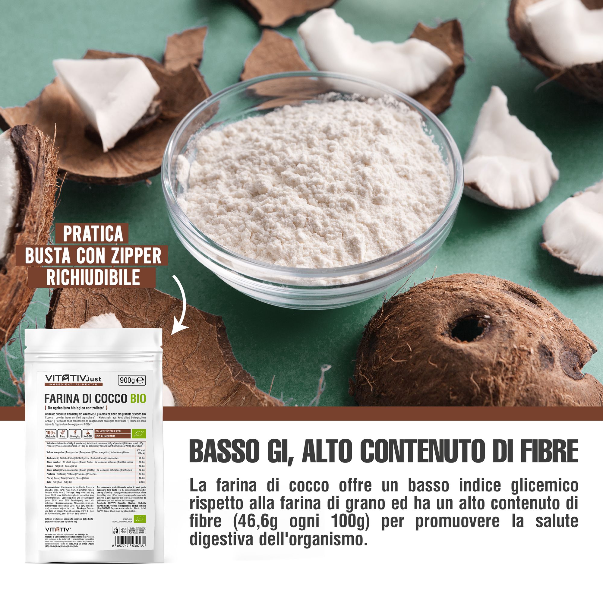 Vitativ® Farina di Cocco da Coltivazione Biologica, Fibre e Sali Minerali, Senza Zuccheri Aggiunti