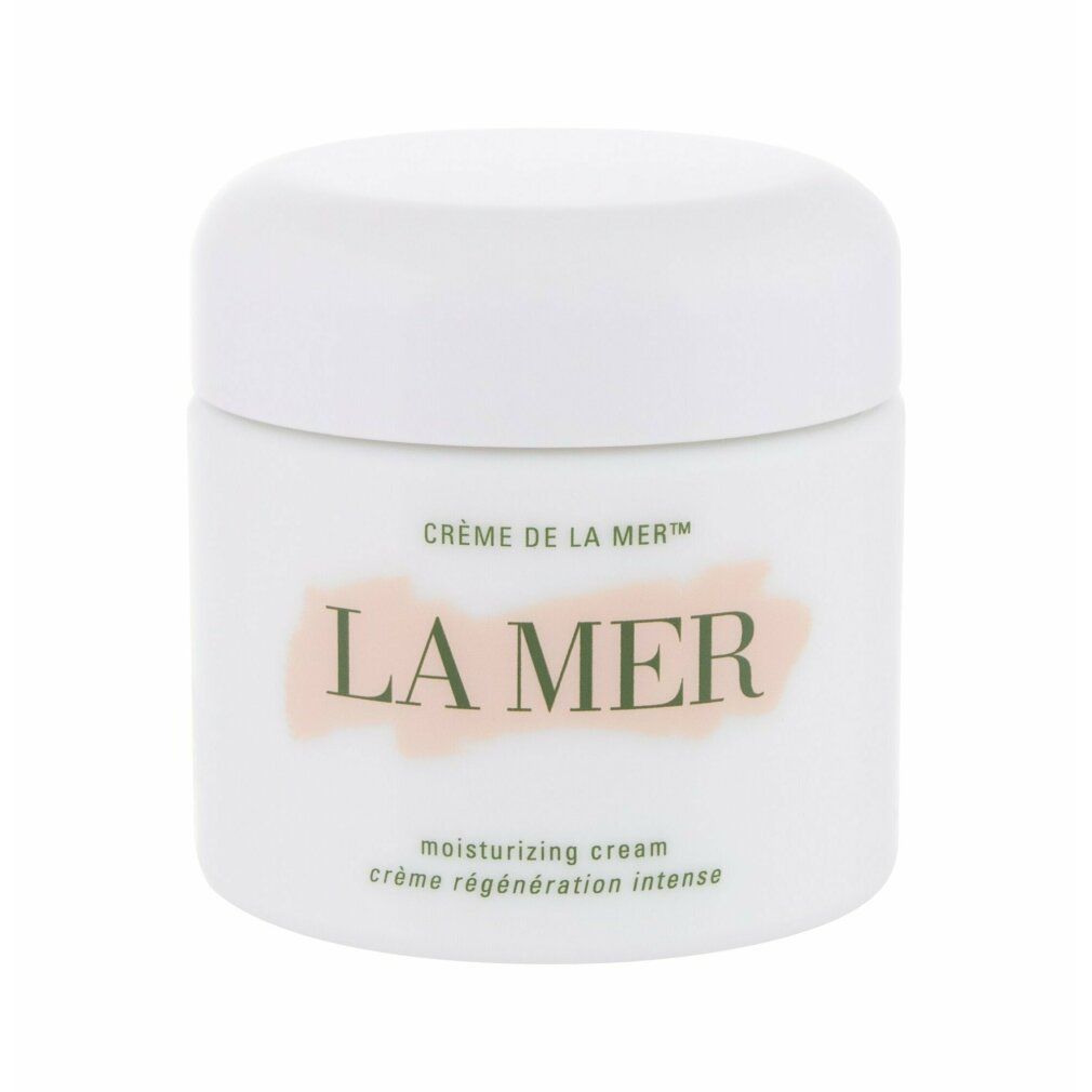 Vaso bianco con scritta: LA MER, Crème de La Mer, Moisturizing Cream. Scritta rosa.
