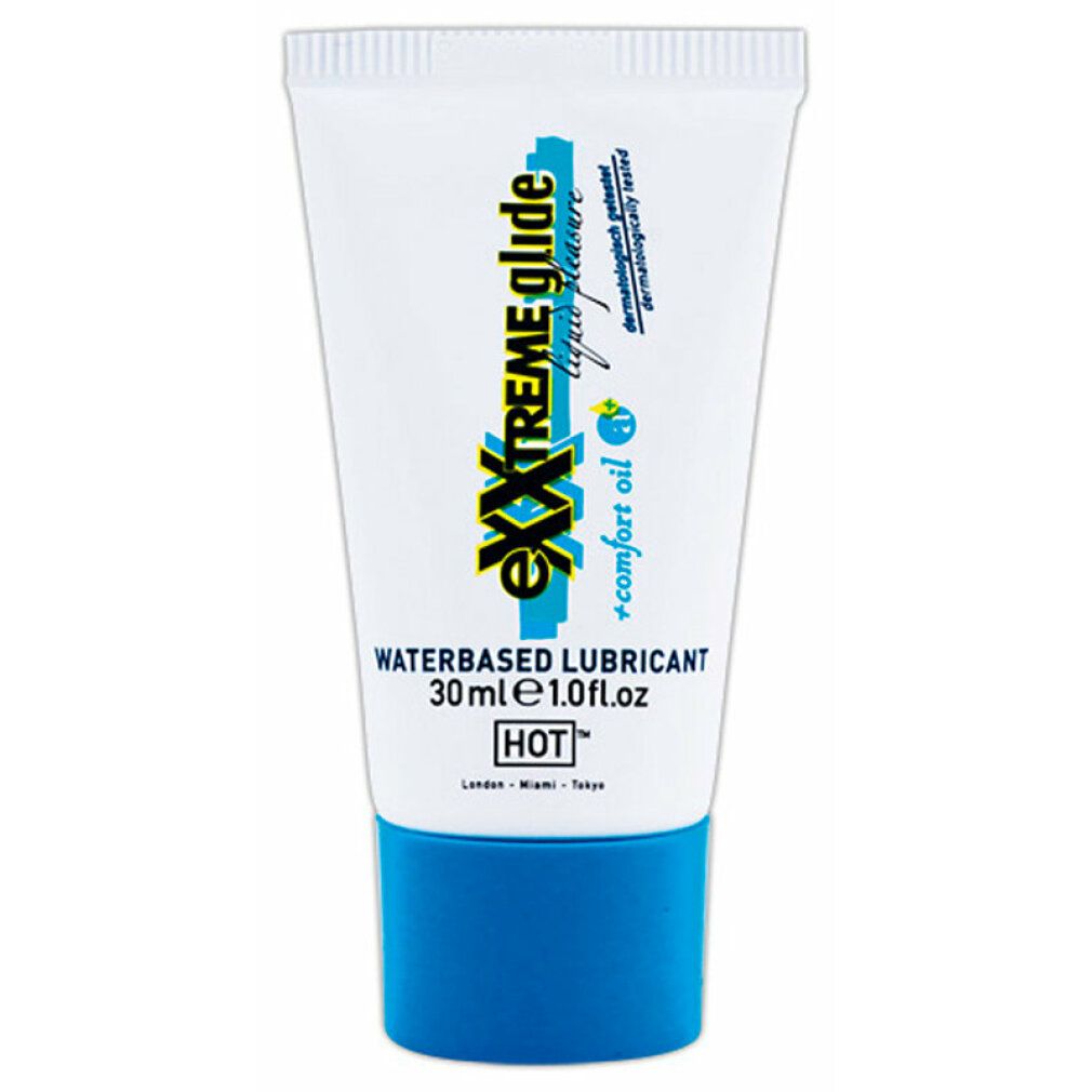 Tubo bianco e blu con nome del prodotto. Scritta: eXXtreme glide, waterbased lubricant, 30ml, HOT.