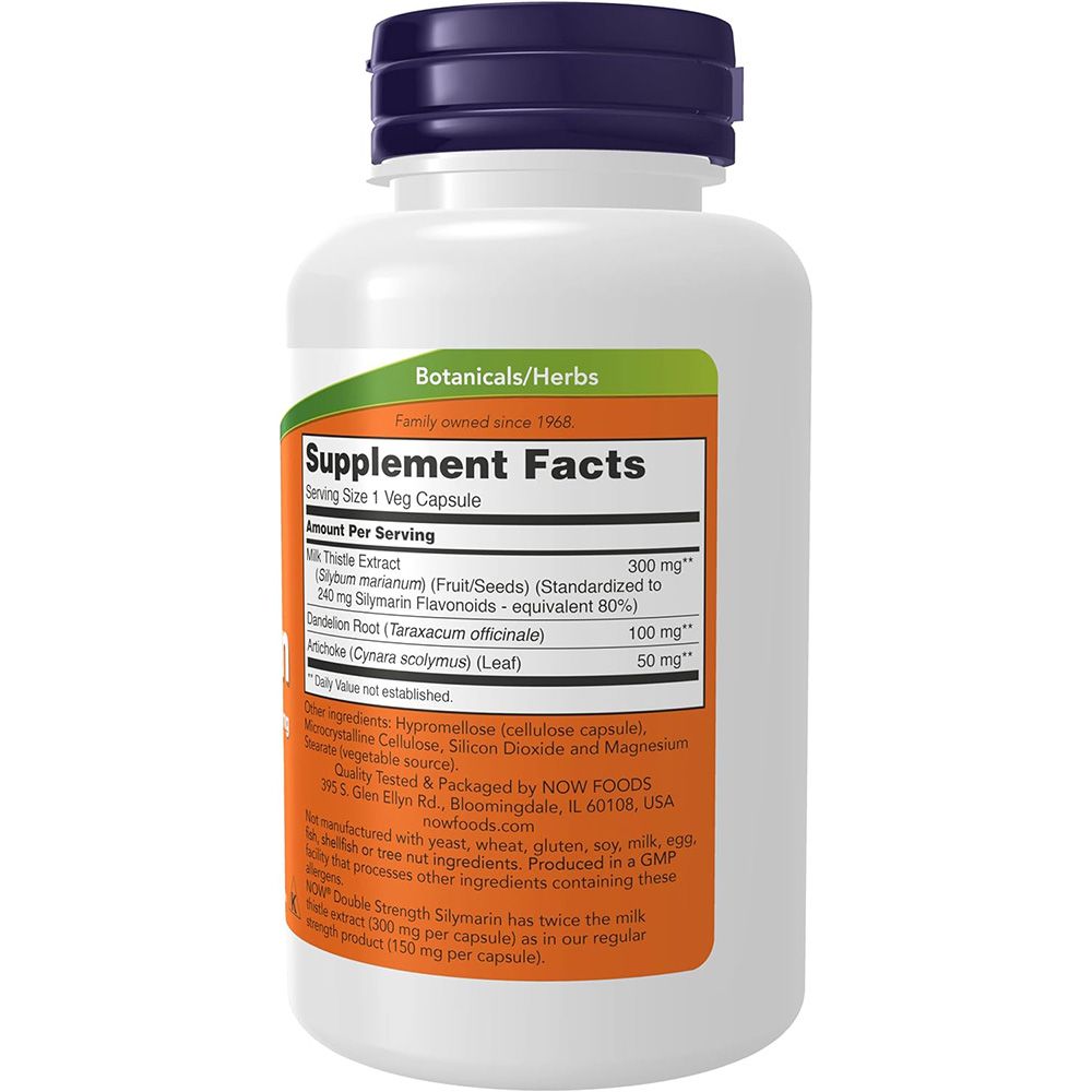 Flacone bianco, tappo blu. Etichetta arancione con "Supplement Facts", ingredienti, 300mg Silimarina. Certificazione GMP.