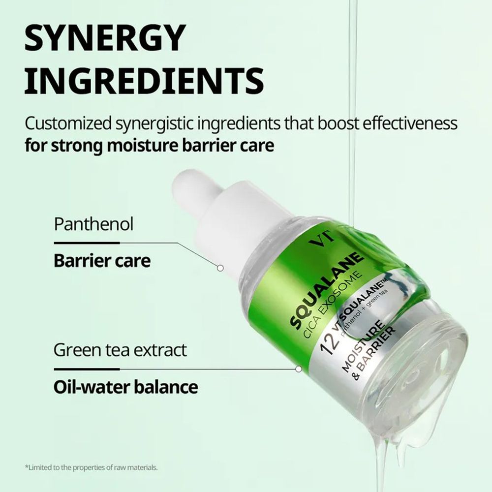 Flacone con pipetta. Scritta: Squalane Cica Exosome. Testo: Synergy Ingredients, Panthenol, Barrier care, Green tea extract, Oil-water balance.