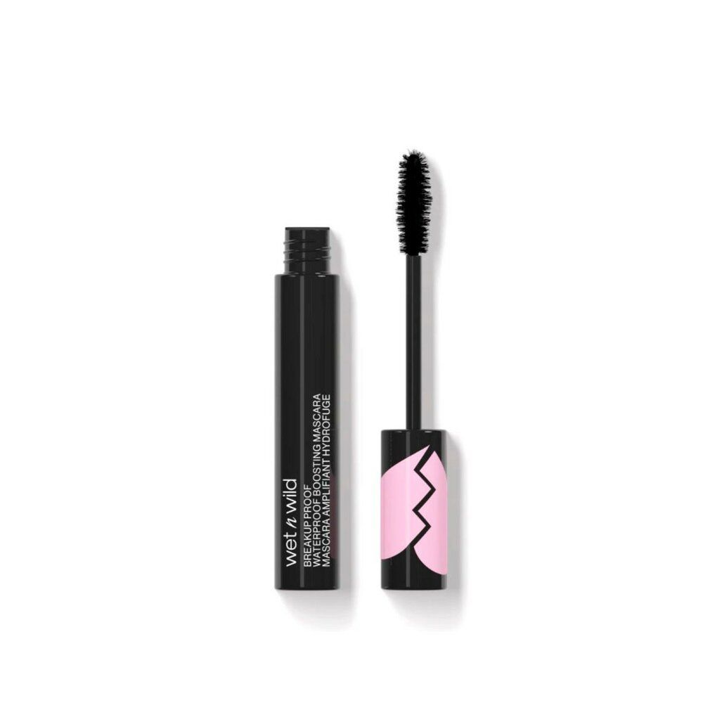 Tubo e spazzola mascara neri. Accento rosa in basso. Testo: Wet n Wild, Breakup Proof, Waterproof, Boosting Mascara.